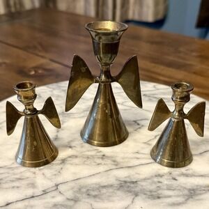 3 VTG Brass Angel Candlesticks Holder Candle Snuffer 4" 2.5" India MCM Christmas